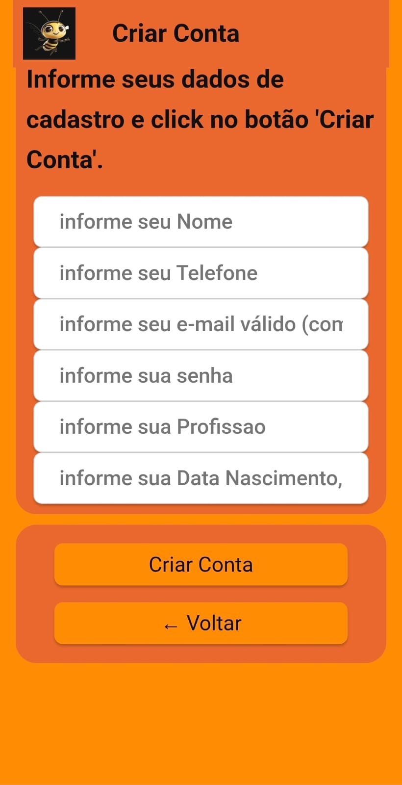 Tela Cadastrar
